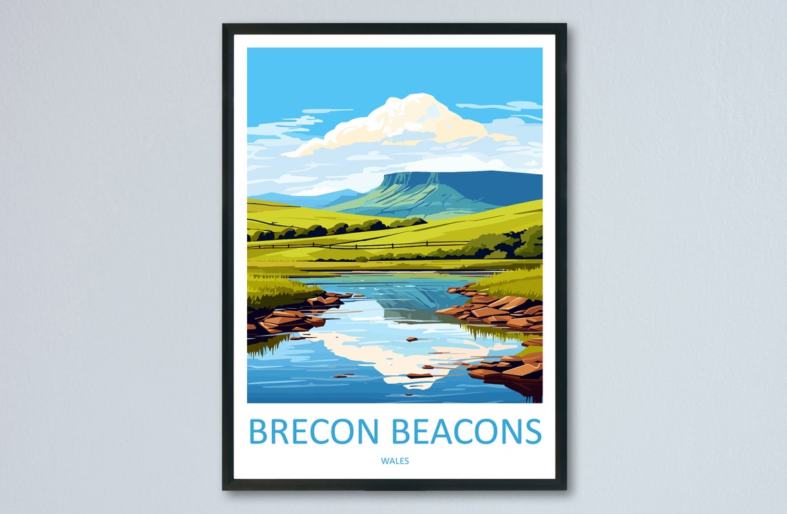 Brecon Beacons Wales Mountain Lake Reflection Vintage Travel Poster