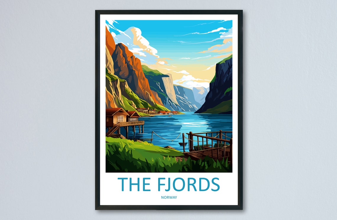 The Fjords Norway Steep Cliffs Lakeside Village Morning View Poster