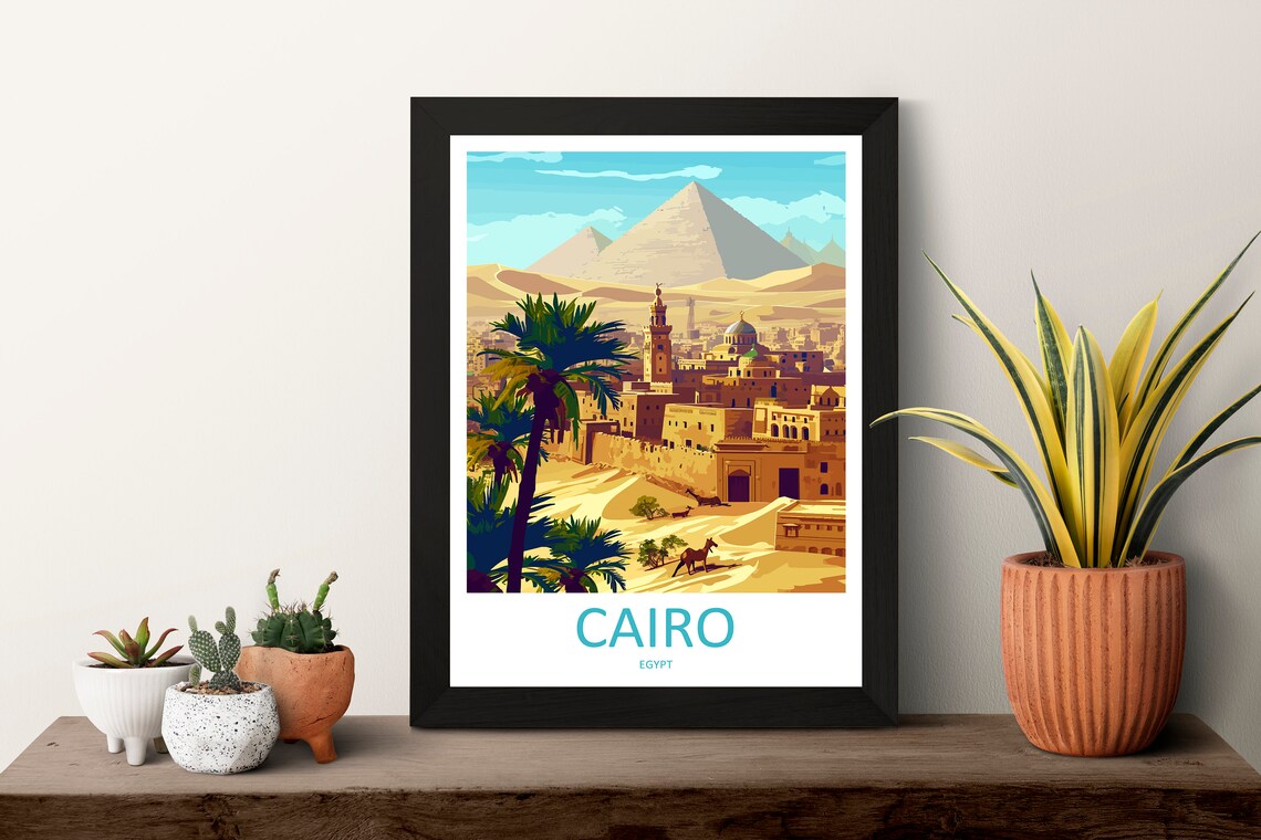 Cairo Egypt Pyramids Of Giza Desert Caravan Scene Travel Poster - Image 3