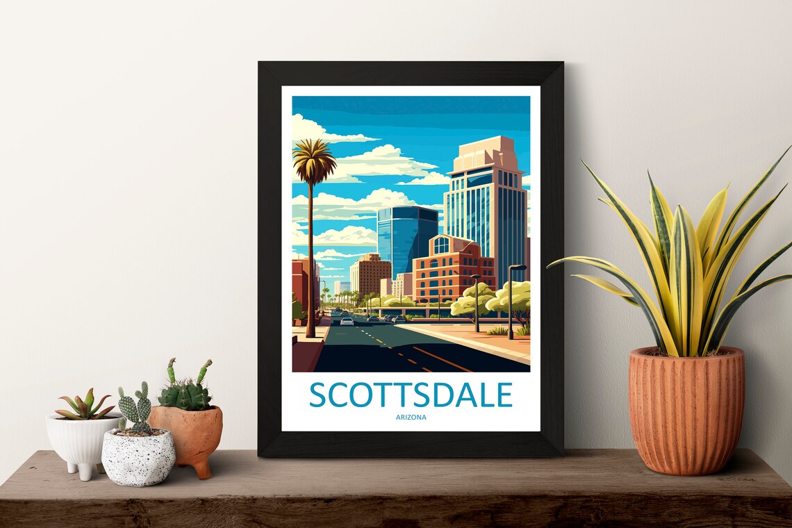 Scottsdale Arizona Street Skyline Palm Tree Vintage Travel Poster - Image 3