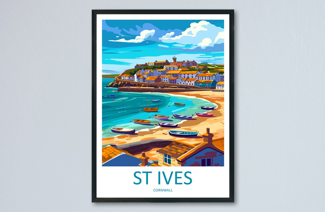 St Ives Cornwall Harbor Poster with Colorful Boats and Seaside Town