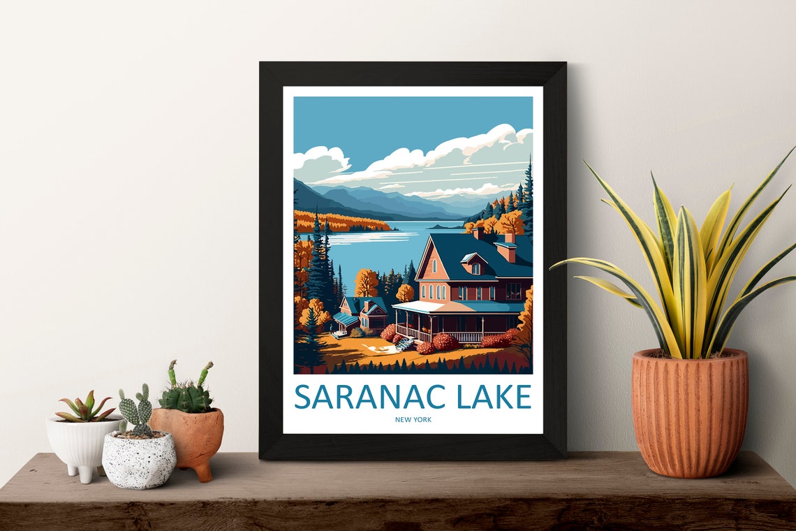 Saranac Lake New York Autumn Lodge By The Mountain Lake Poster - Image 3