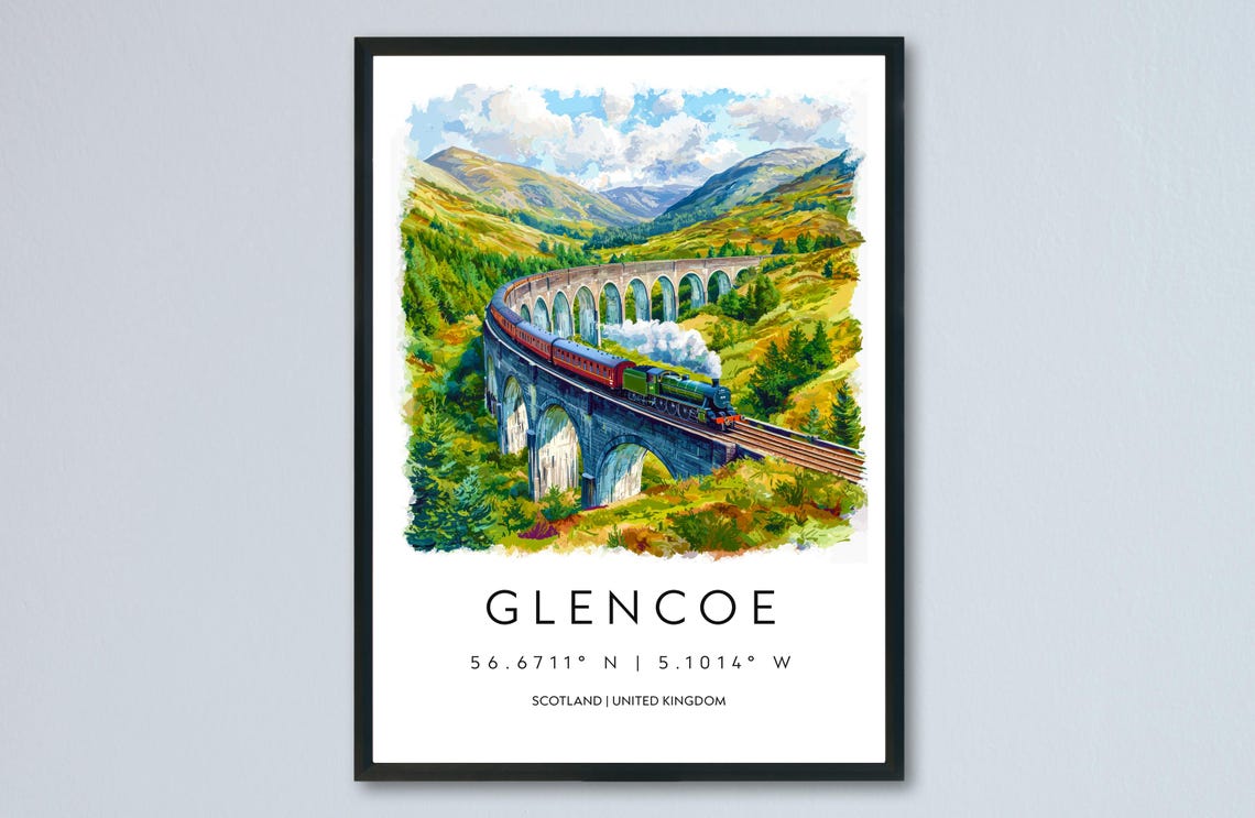 Glencoe Scotland Glenfinnan Viaduct Steam Train Watercolor Poster