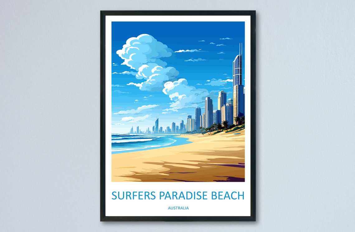 Surfers Paradise Beach Australia Retro Vintage Travel Poster