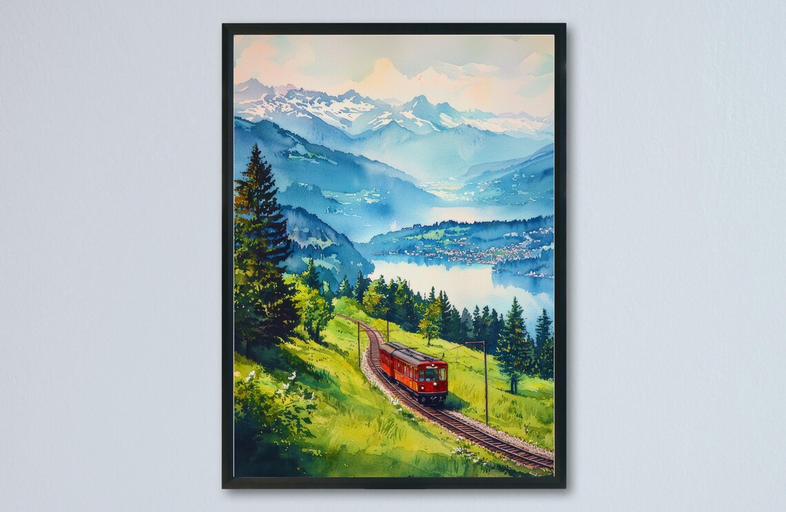 Mount Rigi Cogwheel Train Lake View Watercolor Travel Poster