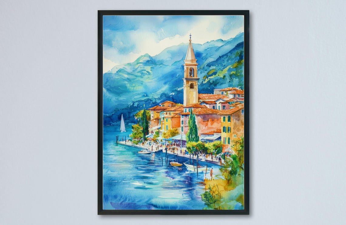 Lake Maggiore Sunlit Lakeside Bell Tower Watercolor Travel Poster