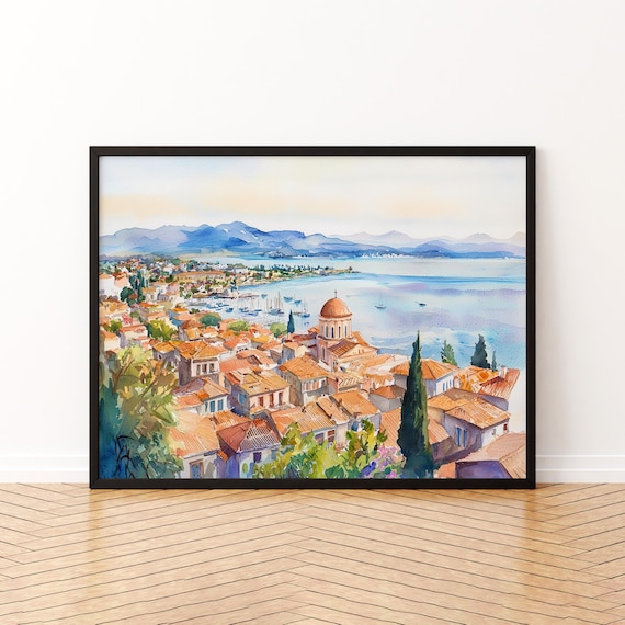 Nafplio Greece Watercolor Poster Coastal Old Town Harbor And Mountain View