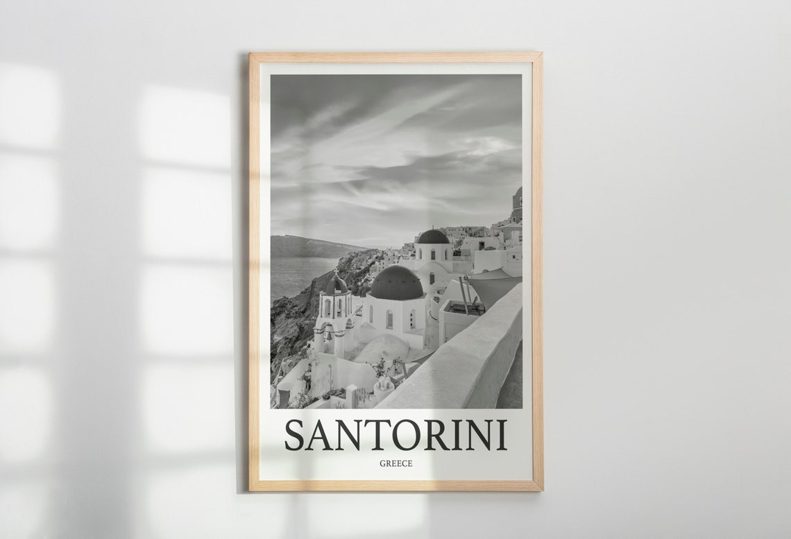 Santorini Greece Black and White Blue Dome Churches Art Poster