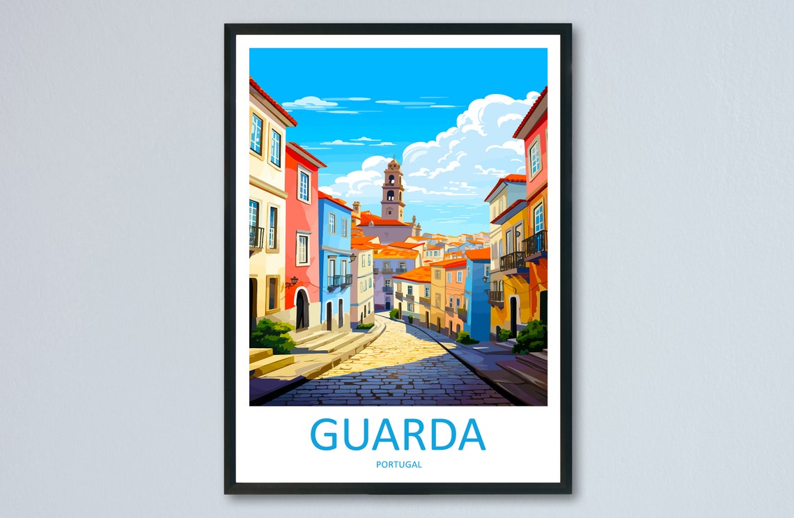 Guarda Portugal Colorful Old Town Street Steps Travel Poster Artwork