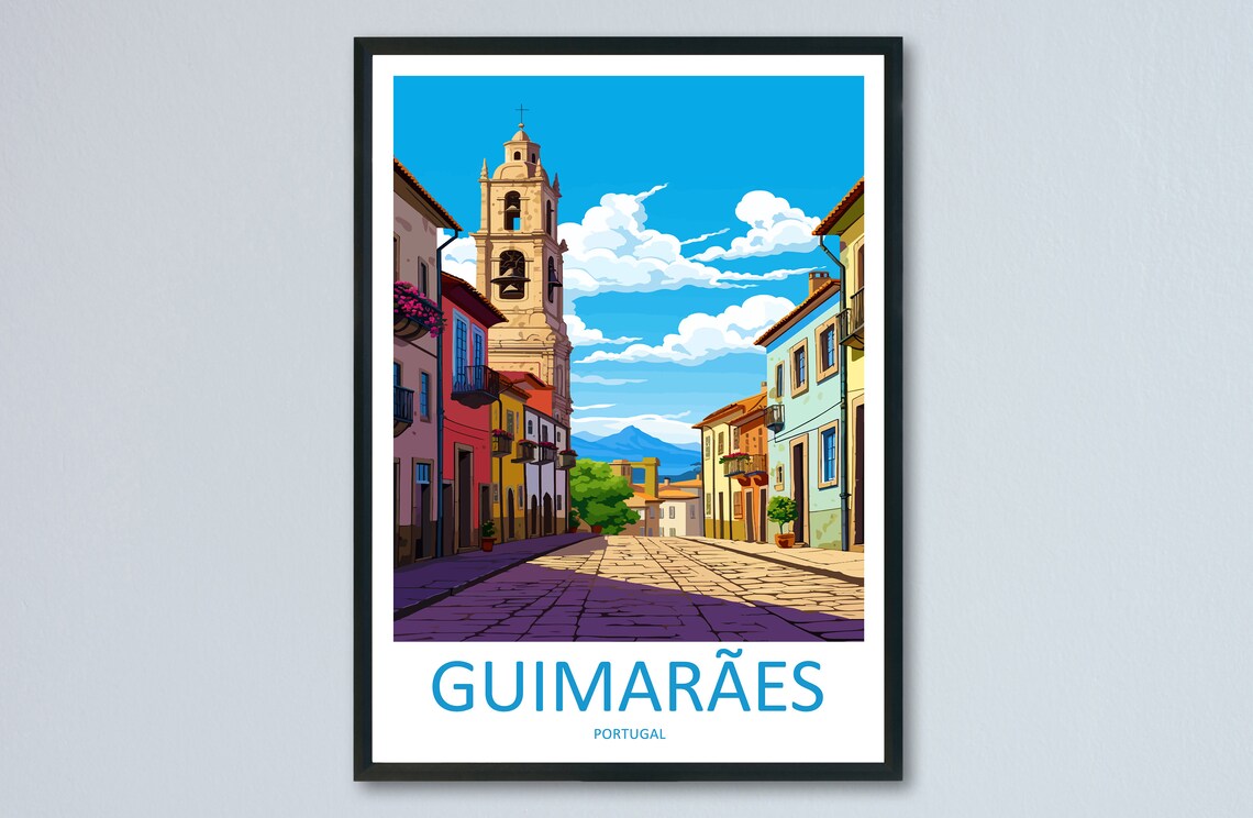 Guimaraes Portugal Colorful Historic Street Scene Travel Poster