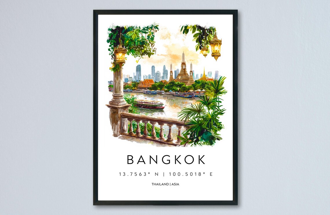 Bangkok Thailand Wat Arun Riverside Watercolor Travel Poster