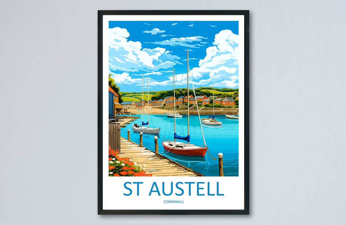 St Austell Cornwall Harbor Sailboats Wooden Pier Day Travel Poster