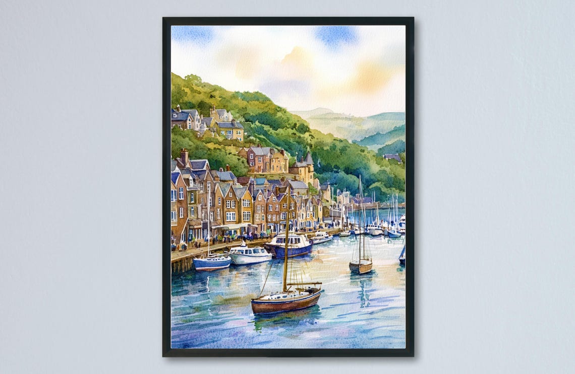 Dartmouth River Harbor Sailboats Waterfront Hills Watercolor Poster