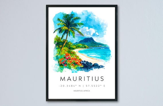 Mauritius Beach Watercolor Tropical Travel Poster With Island Coordinates