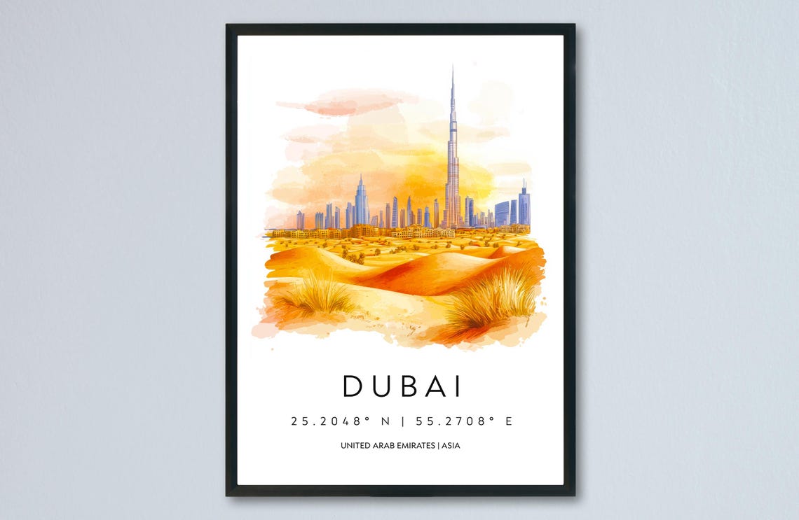 Dubai Skyline Watercolor Travel Poster Burj Khalifa Desert Dunes Scene