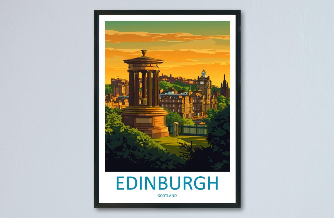 Edinburgh Scotland Hilltop Monument Sunset Cityscape Travel Poster