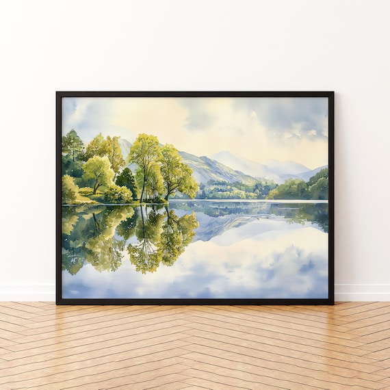 Derwentwater England Lake Watercolor Poster Serene Trees Reflection Decor