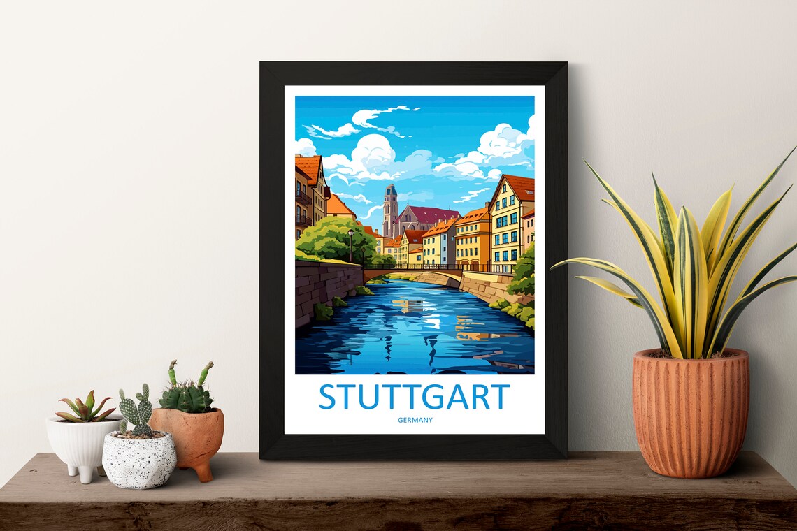 Stuttgart Germany River Canal Bridge City Skyline Travel Poster - Image 3