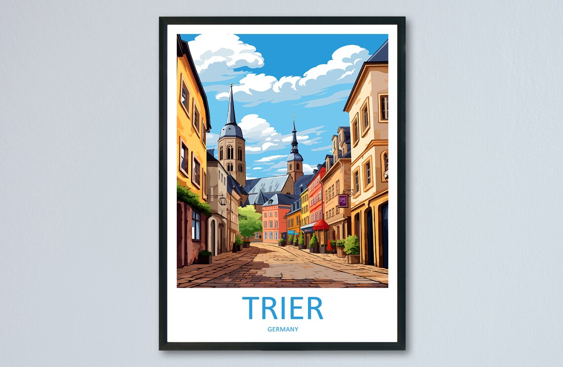 Trier Germany Old Town Cobblestone Street Church Travel Poster