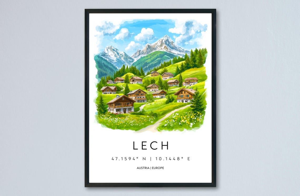 Lech Austria Alpine Chalets Meadow Mountain Watercolor Travel Poster