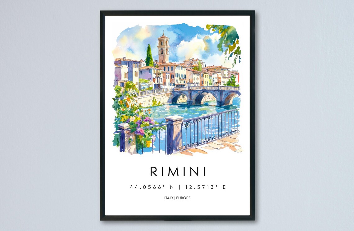 Rimini Riverside Bridge View Adriatic Watercolor Italy Travel Poster