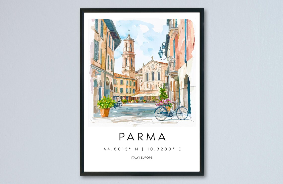 Parma Italy Charming Piazza Street Church Watercolor Travel Poster