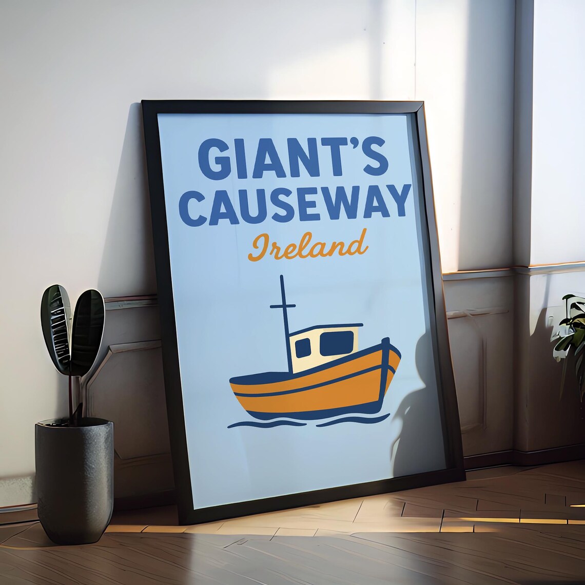 Giants Causeway Ireland Orange Fishing Boat Preppy Travel Poster