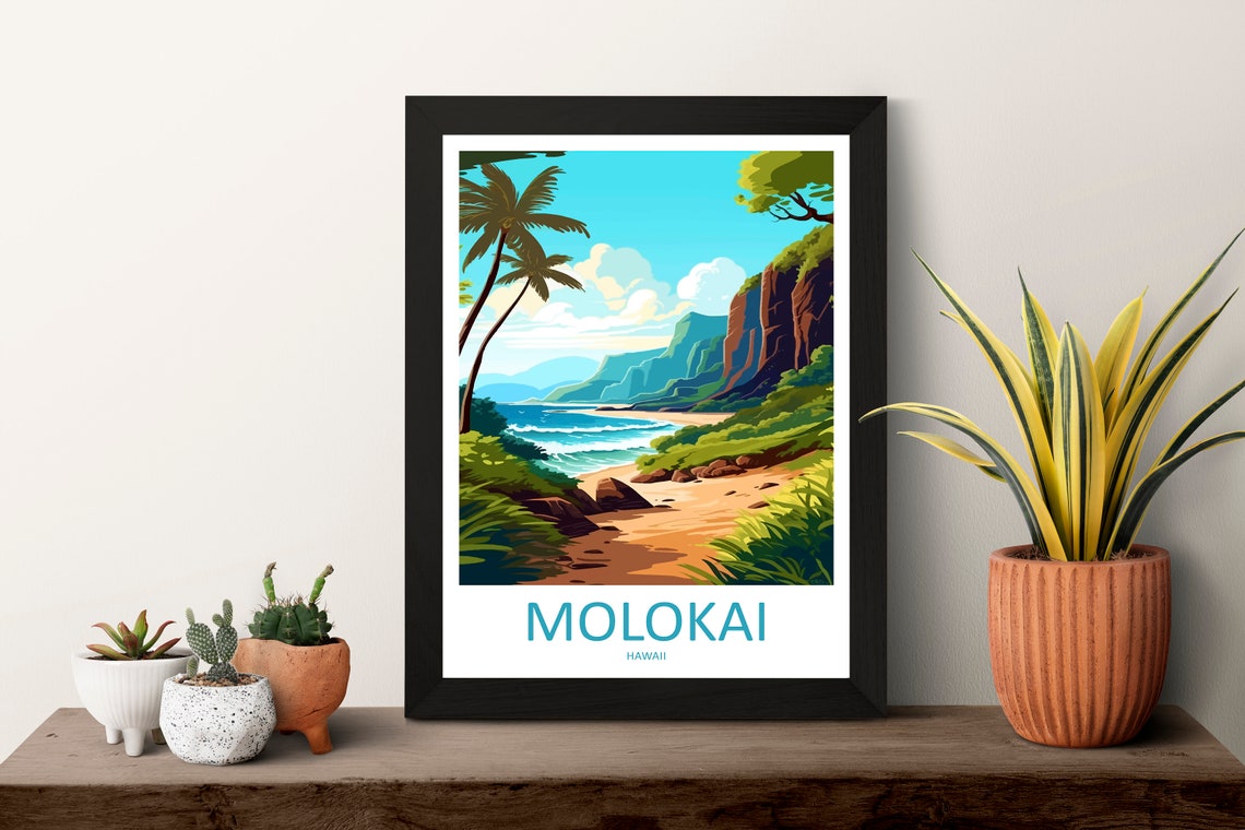 Molokai Hawaii Palm Fringed Beach Tropical Sea Cliffs Poster - Image 3