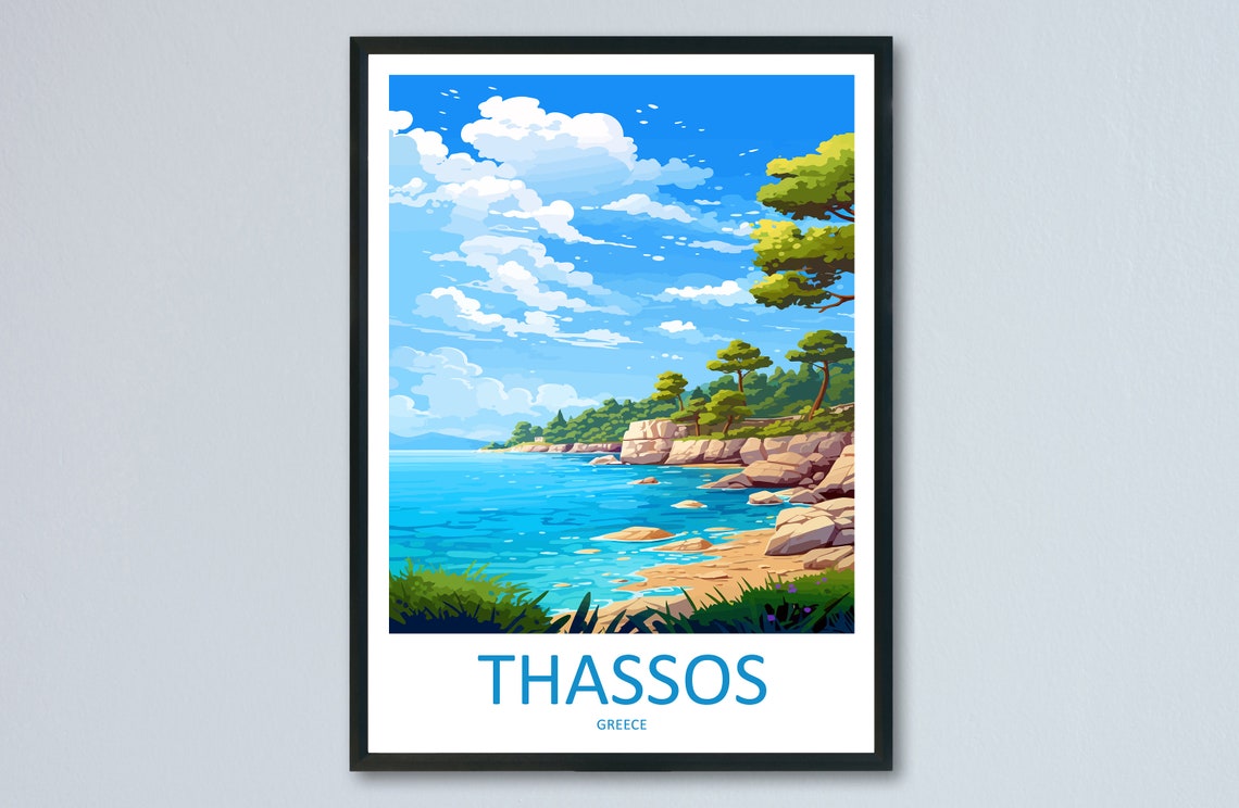 Thassos Greece Pine Coast Turquoise Waters Bright Scene Poster