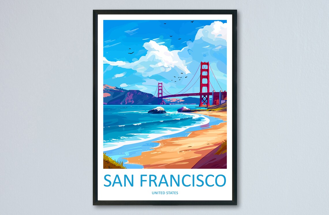 San Francisco Golden Gate Bridge Sunny Beach California Travel Poster