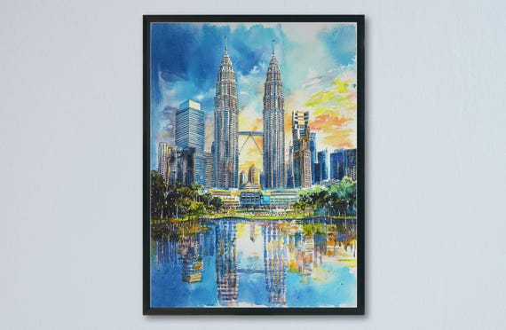 Kuala Lumpur Watercolor Travel Poster, City Skyline