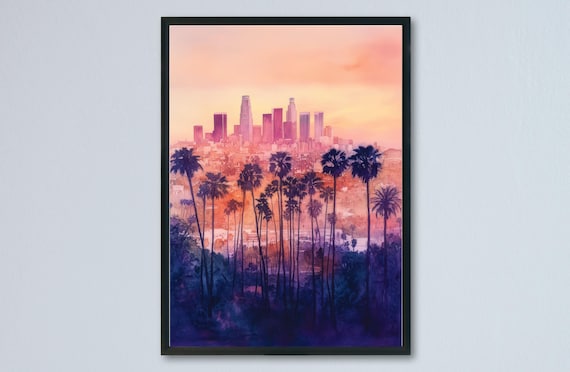 Los Angeles Downtown Skyline Pink Sunset Palm Trees Watercolor Poster