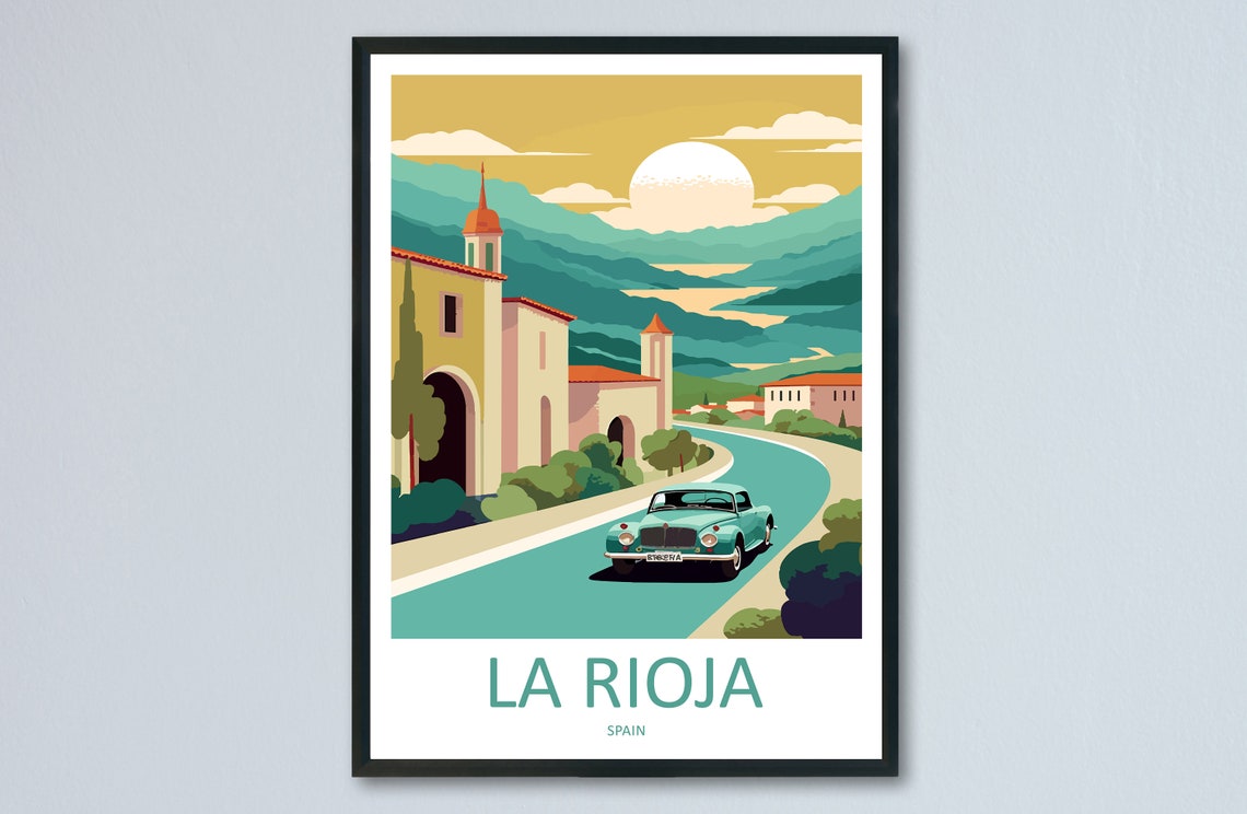 La Rioja Spain Sunset Road Trip Vintage Classic Car Travel Poster