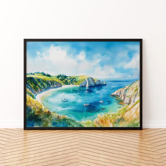 Lulworth Cove England Watercolor Poster Travel Print Dorset Coast Painting Seaside Wall Art Uk Souvenir