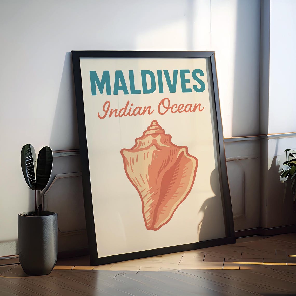 Maldives Indian Ocean Coral Conch Shell Preppy Travel Poster