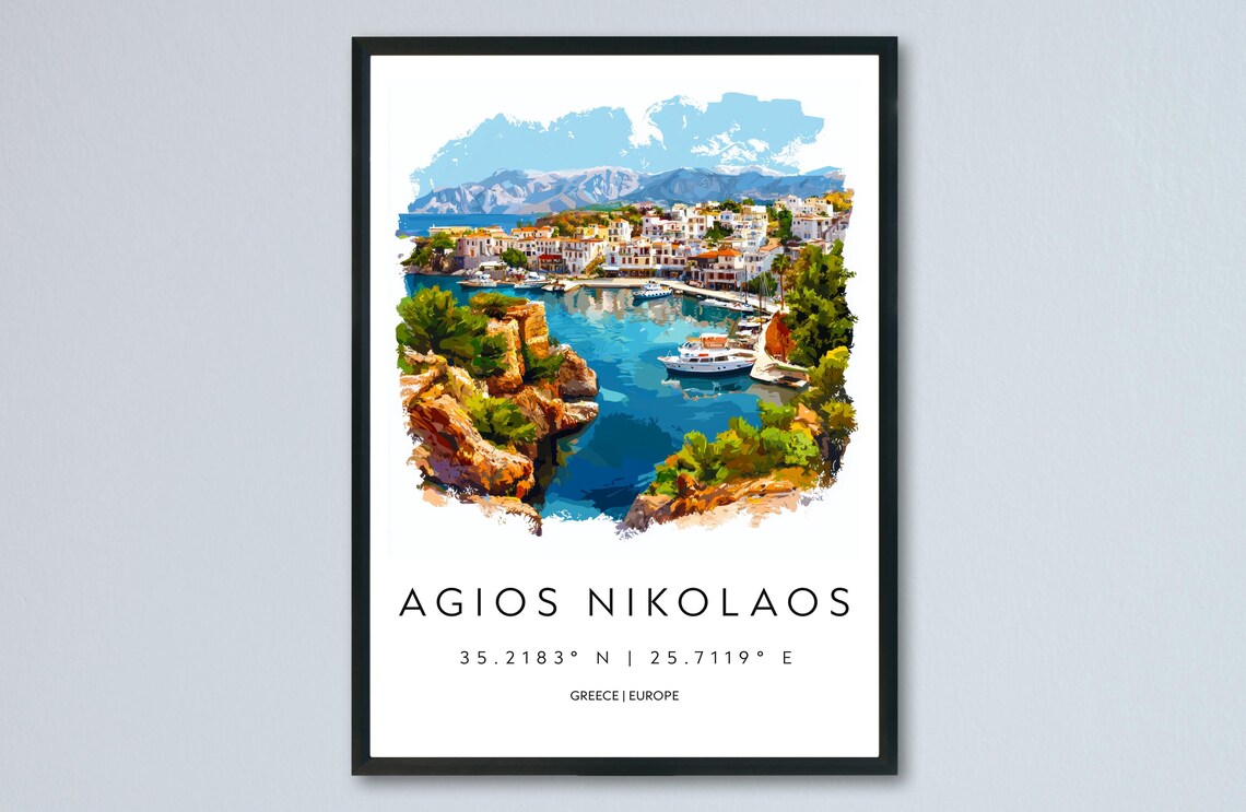 Agios Nikolaos Watercolor Greece Harbor Boats Town Travel Poster