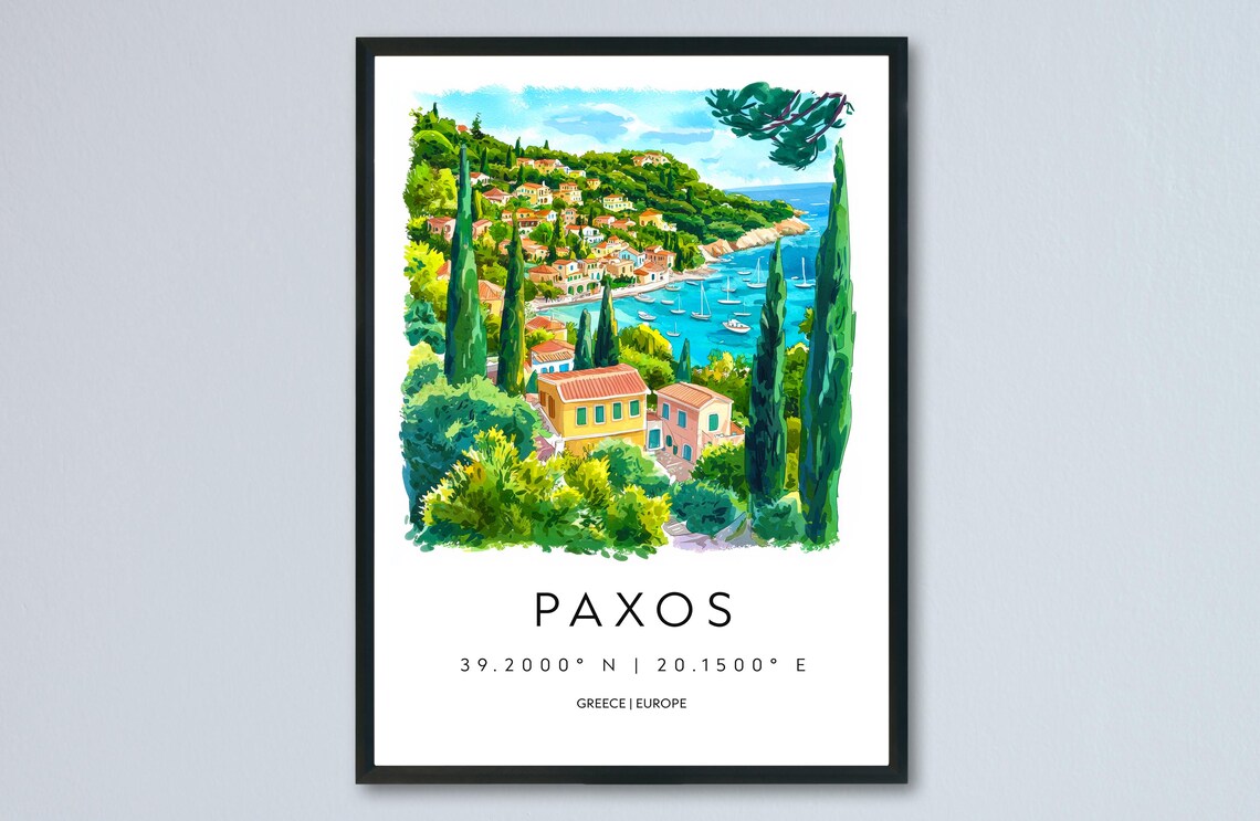Paxos Greece Lush Island Harbor Sailboats Watercolor Travel Poster