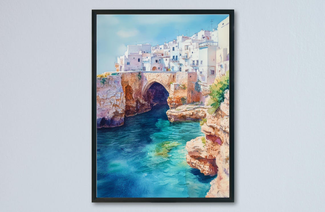 Whitewashed Cliffside Old Town Stone Arch Turquoise Sea Poster