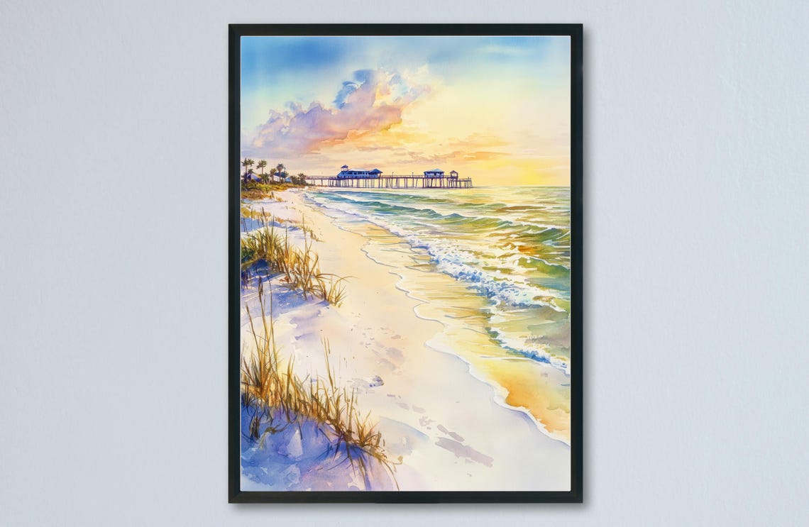 Golden Sunset Beach Pier Ocean Waves Watercolor Seascape Poster