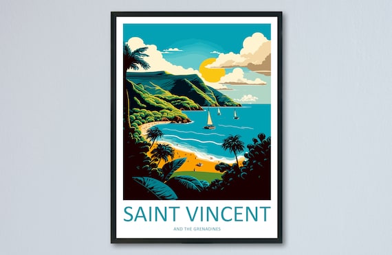 Saint Vincent Grenadines Beach Sailboats Sunset Travel Poster