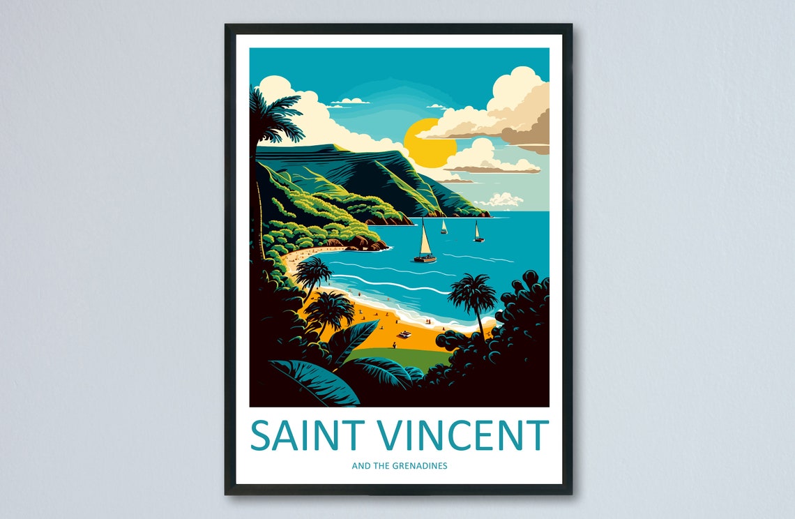 Saint Vincent Grenadines Beach Sailboats Sunset Travel Poster