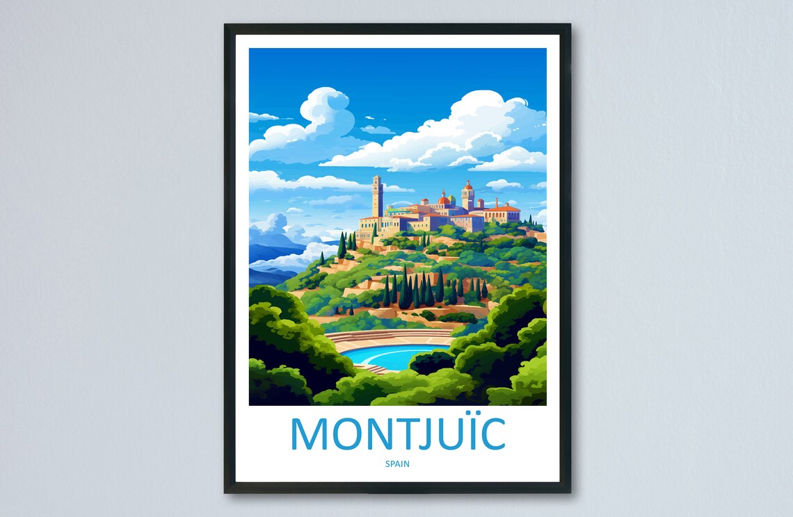 Montjuic Hilltop Palace Barcelona Spain Park View Travel Poster