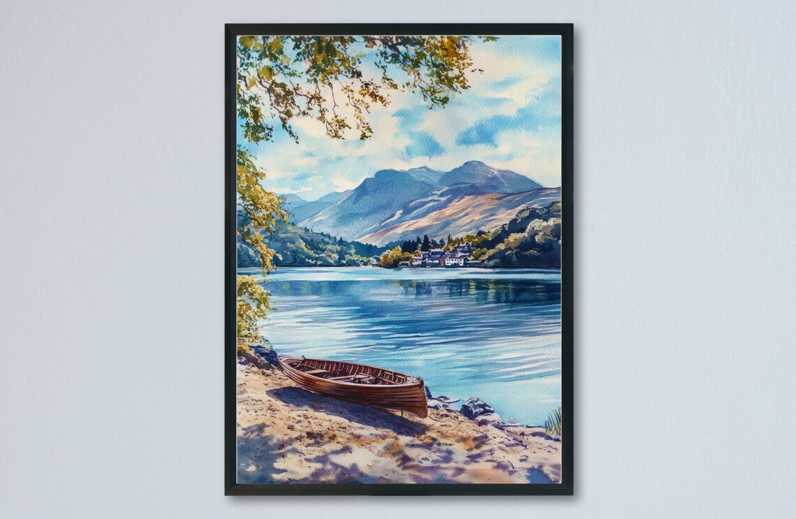 Coniston Water Lake District Rowing Boat Lakeshore Fells Watercolor Poster