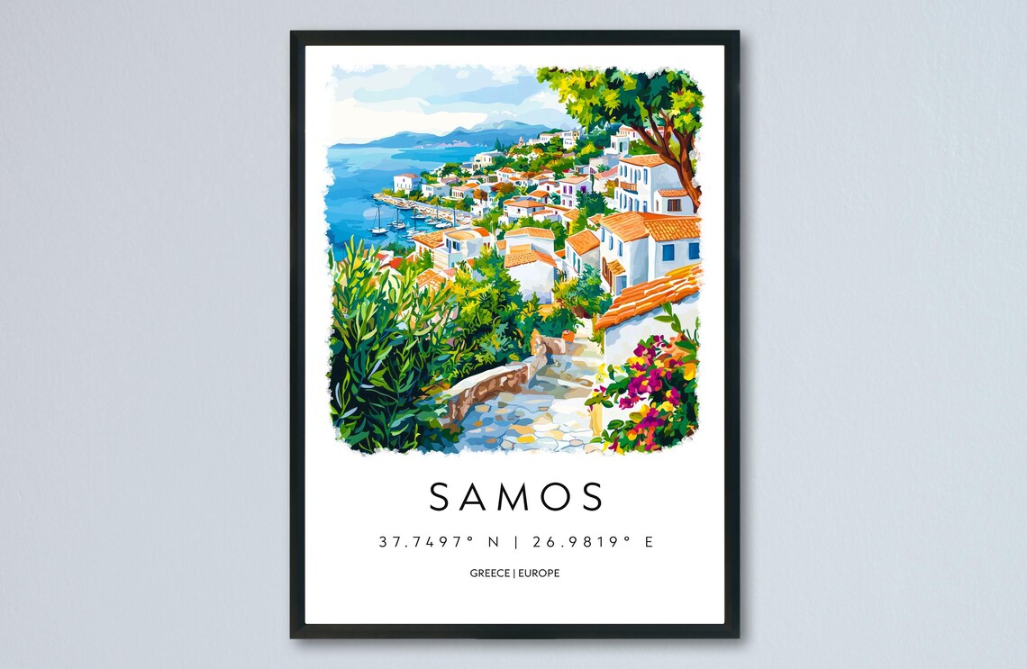 Samos Greece Island Hillside Village Watercolor Travel Poster