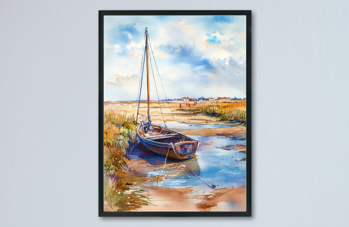 Blakeney Moored Sailboat Tidal Creek Watercolor Norfolk England Poster