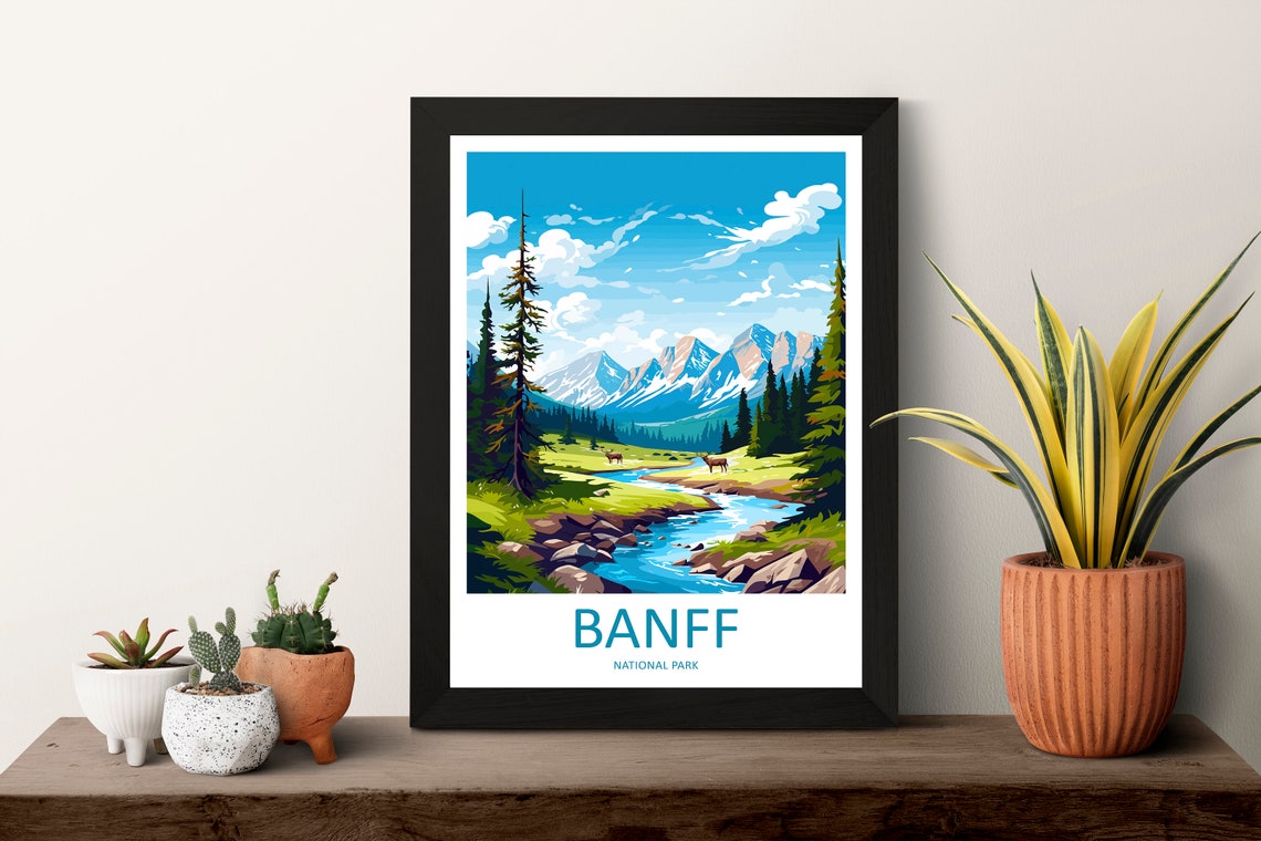 Banff National Park Elk Stream Mountain Valley Travel Poster - Image 3