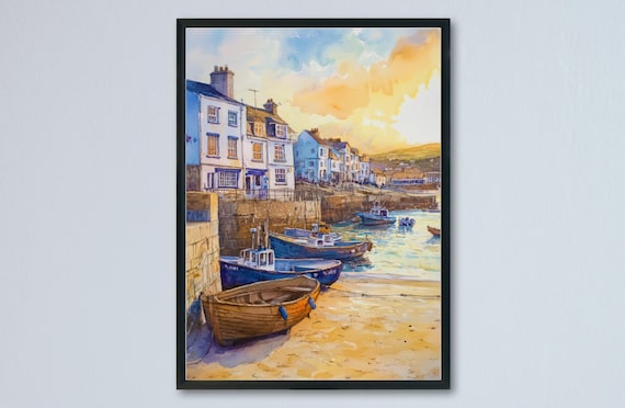 St Ives Harbor Golden Sunset Fishing Boats Watercolor Poster