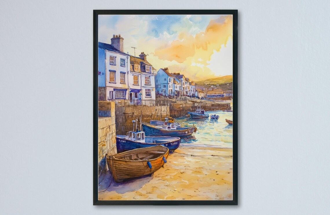 St Ives Harbor Golden Sunset Fishing Boats Watercolor Poster