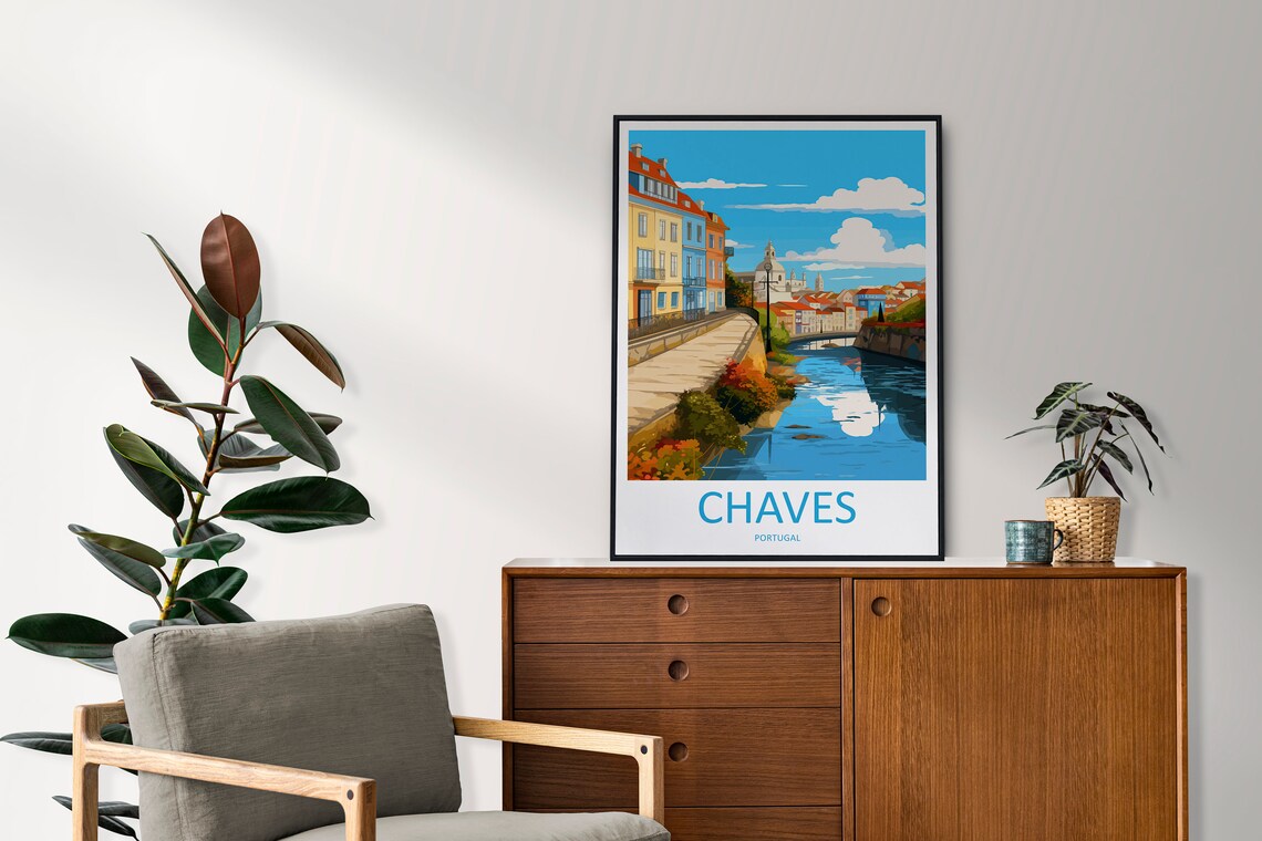 Chaves Portugal Riverside Promenade Bridge Church Travel Poster Art - Image 2