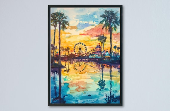 Orlando Ferris Wheel Sunset Palm Trees Watercolor Art Poster